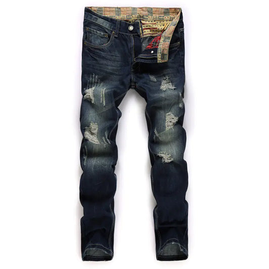 Men's Straight Tube Jeans with Distressed Holes